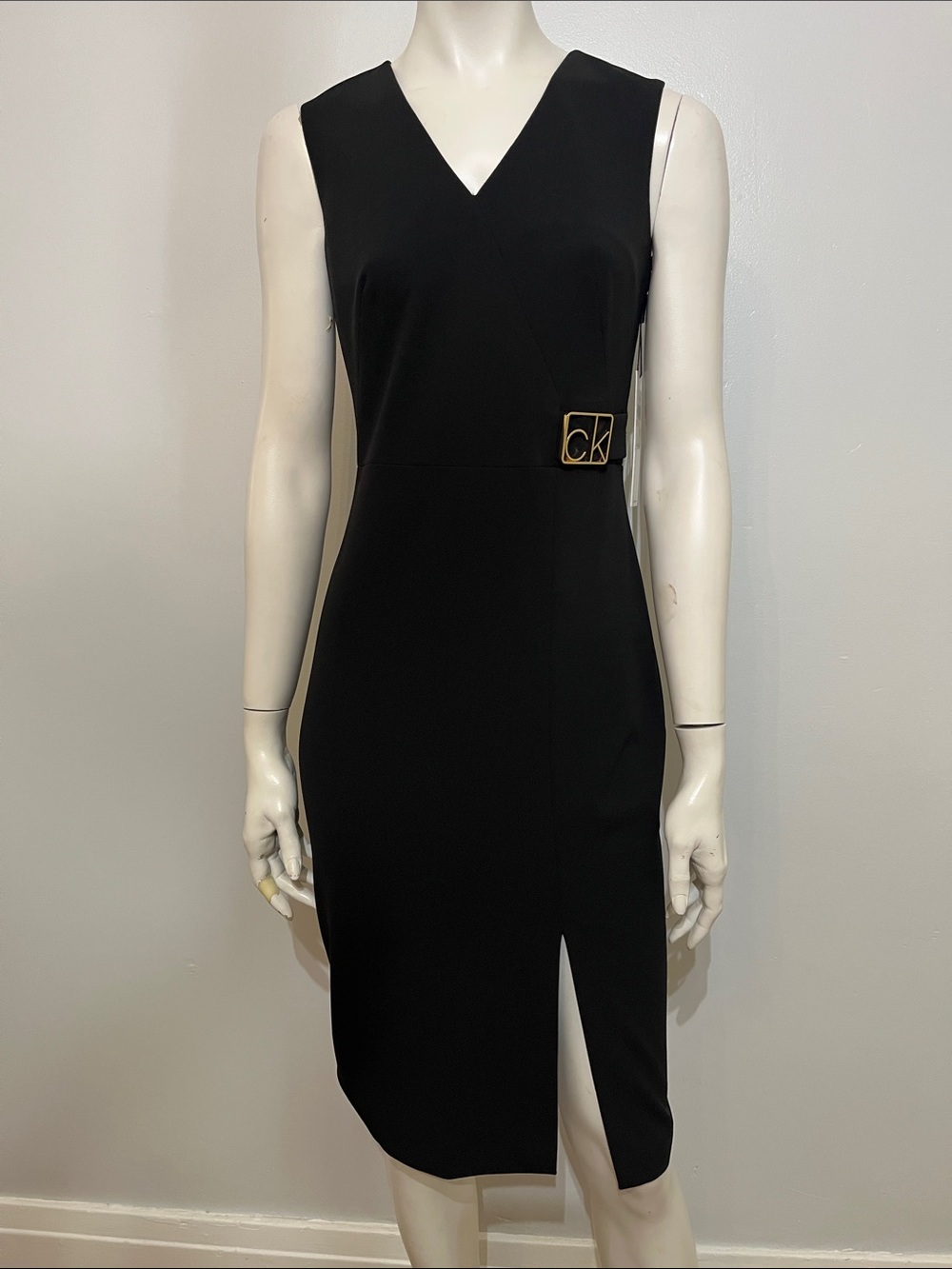 Calvin Klein Black Sleeveless V-Neck Sheath Dress with Gold CK Buckle